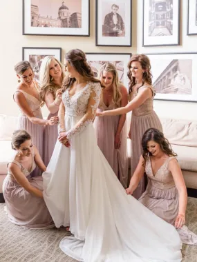 Elegant Simple V-neck Floor-length Chiffon Wedding Party Dresses Long Bridesmaid Dresses.DB10699