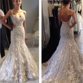 Elegant Spaghetti Strap Lace Appliques Mermaid Sexy Backless Prom Dresses Wedding Dresses, WD0129