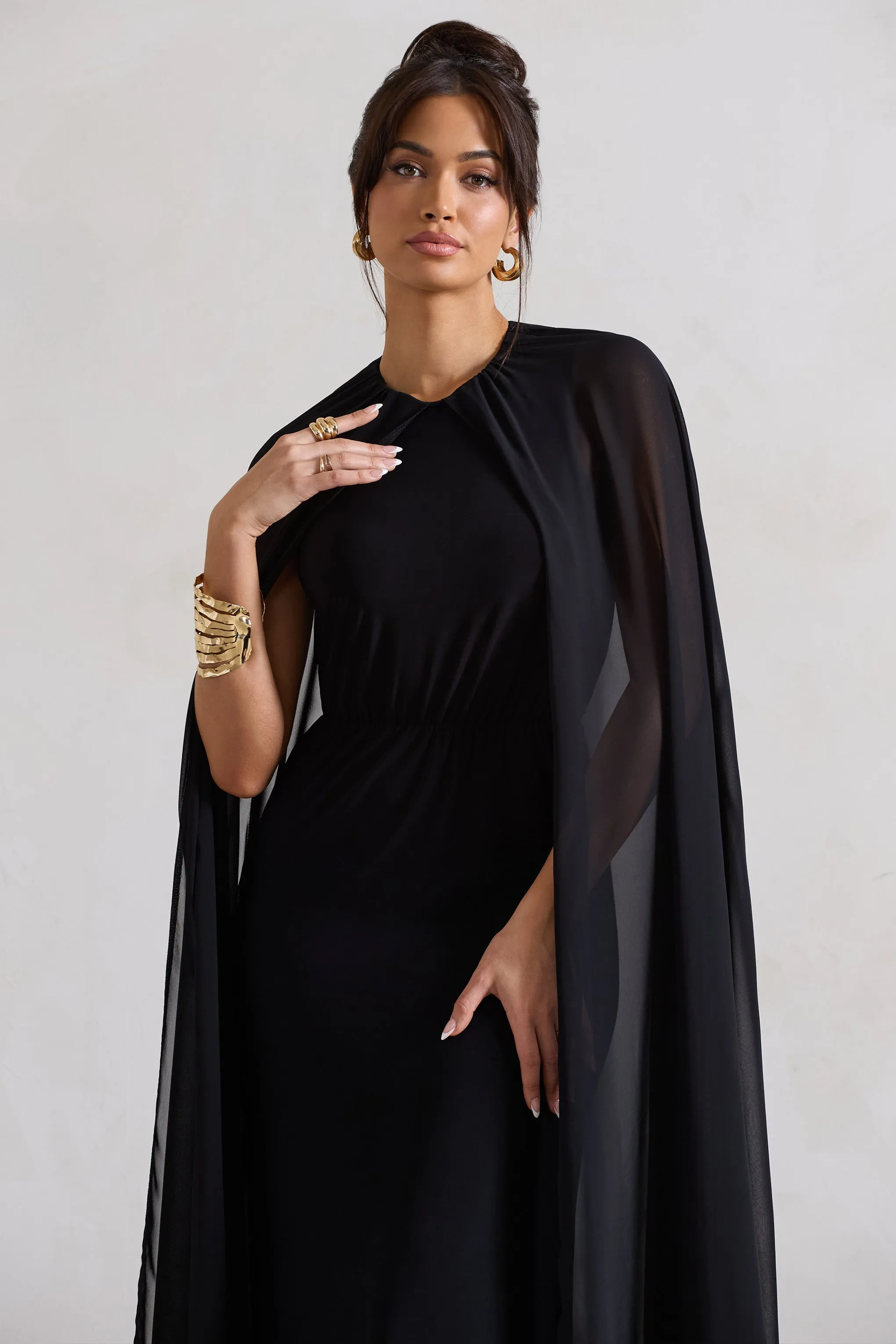 Envy | Black Gathered Maxi Dress With Chiffon Cape