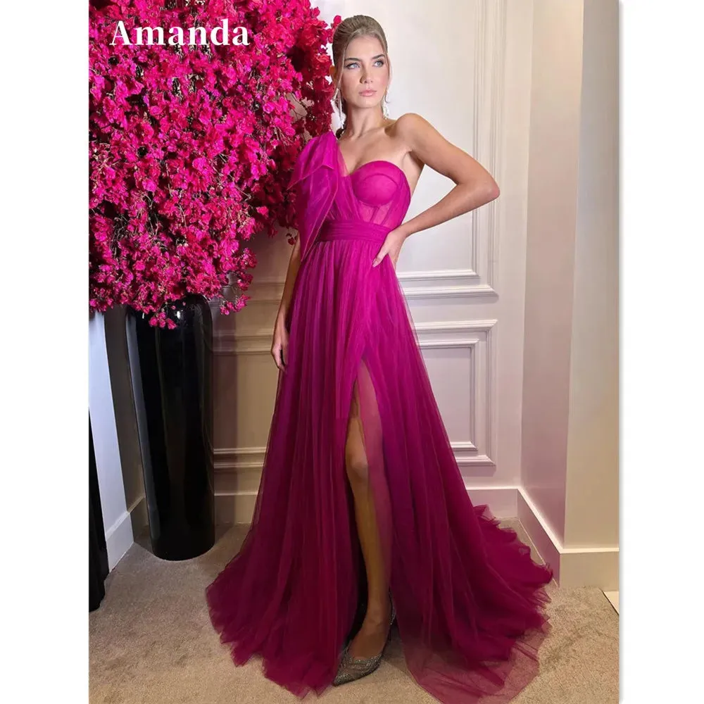 Fuchsia Evening Dress One Sleeve