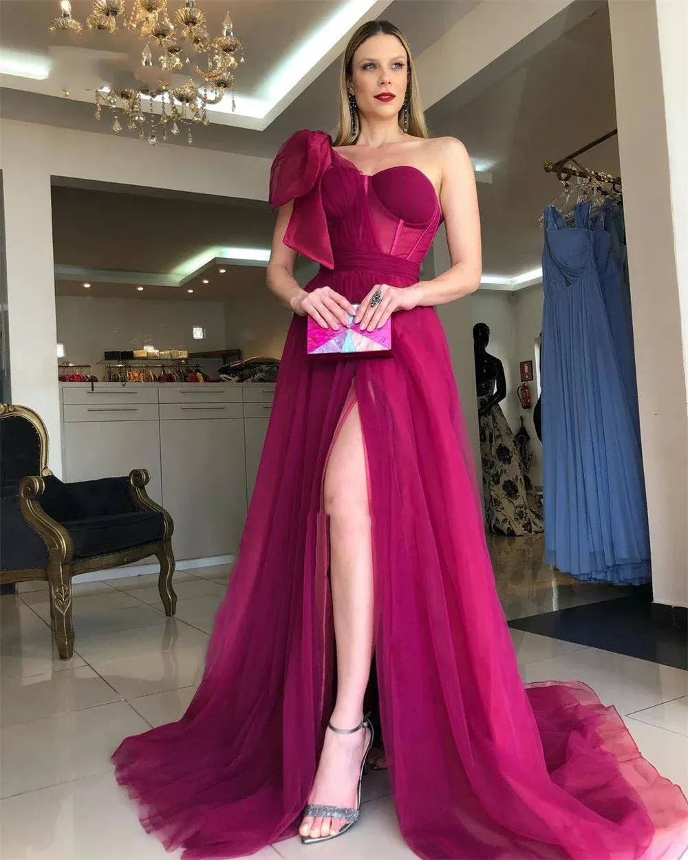 Fuchsia Evening Dress One Sleeve