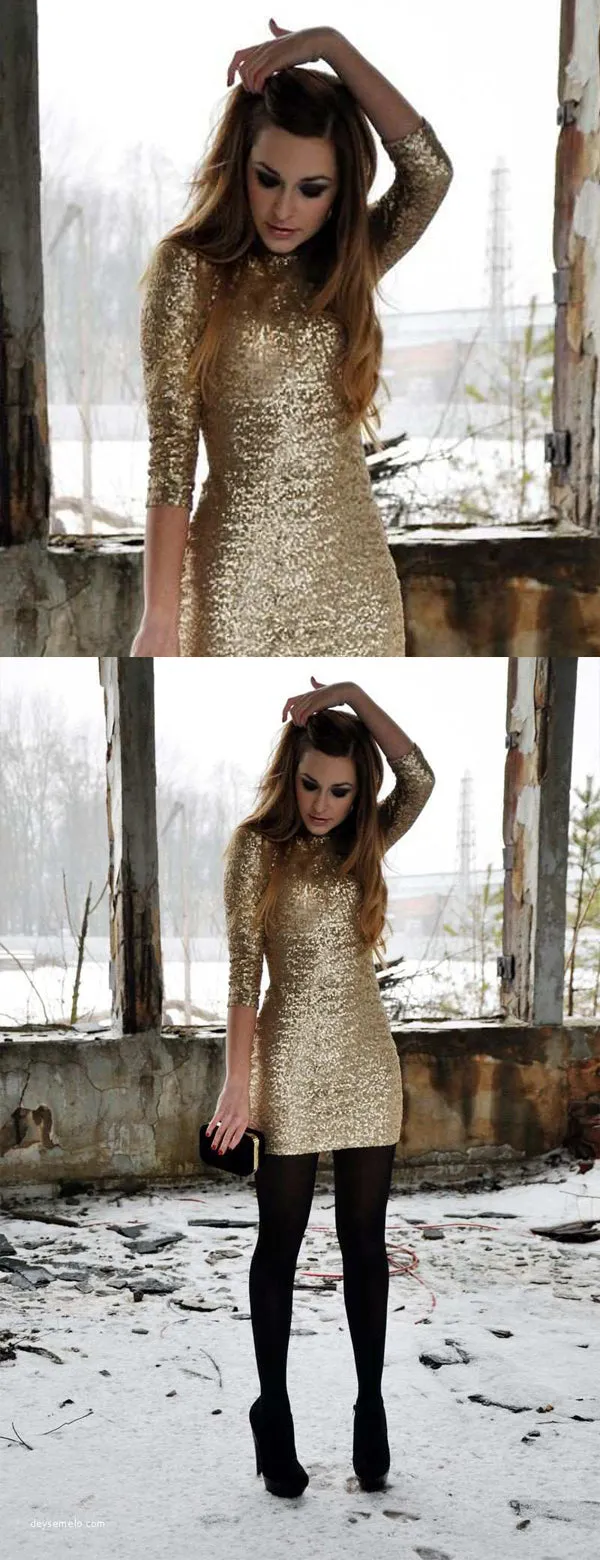 Gold Sequin Half Sleeve Tight Sheath Homecoming Dresses,BD0211