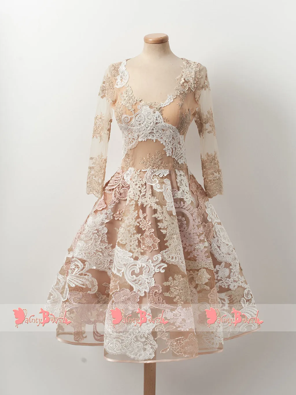 Gorgeous Lace Appliques Blush Pink Homecoming Dresses With Long Sleeves,BD0148