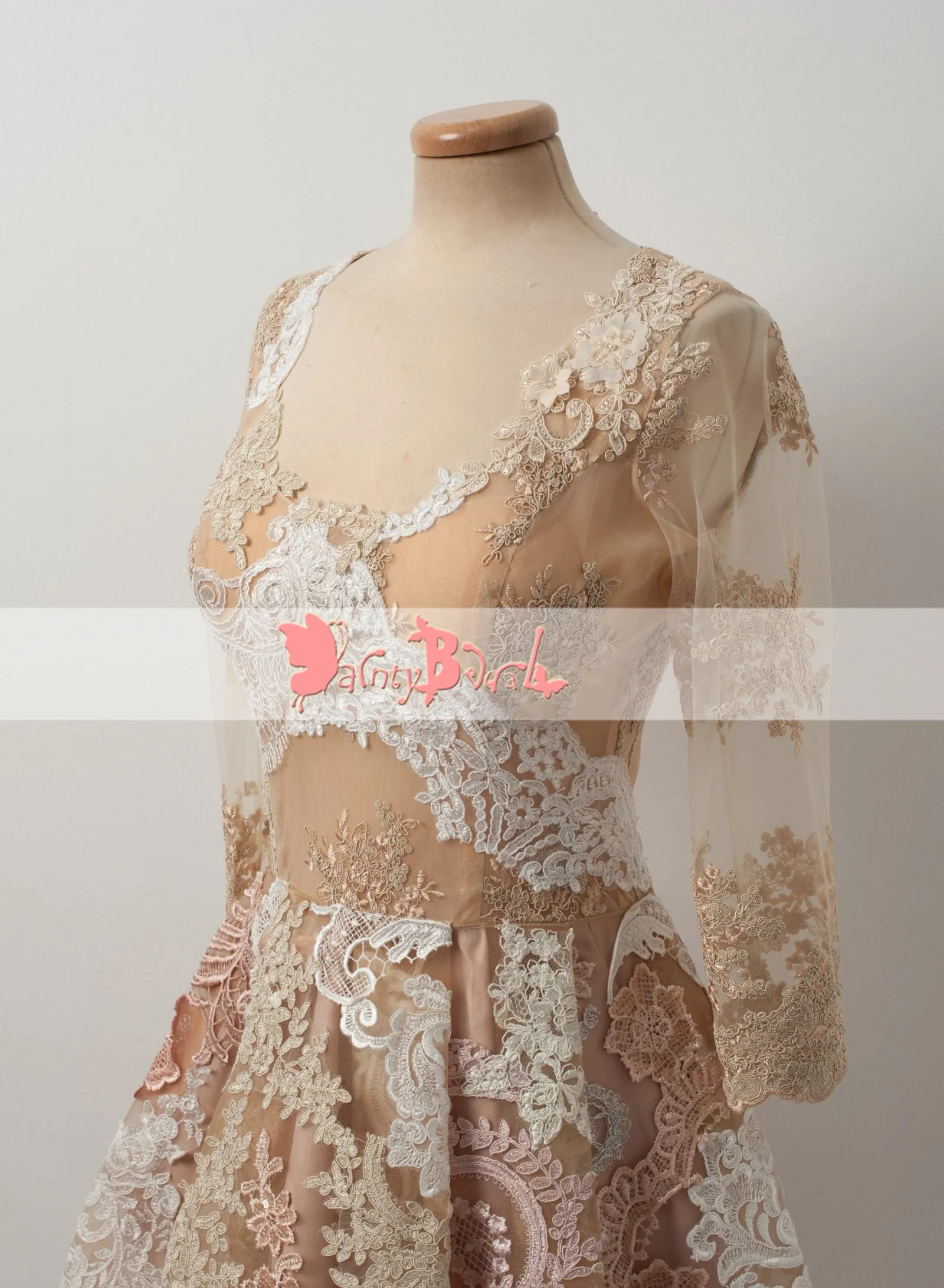 Gorgeous Lace Appliques Blush Pink Homecoming Dresses With Long Sleeves,BD0148