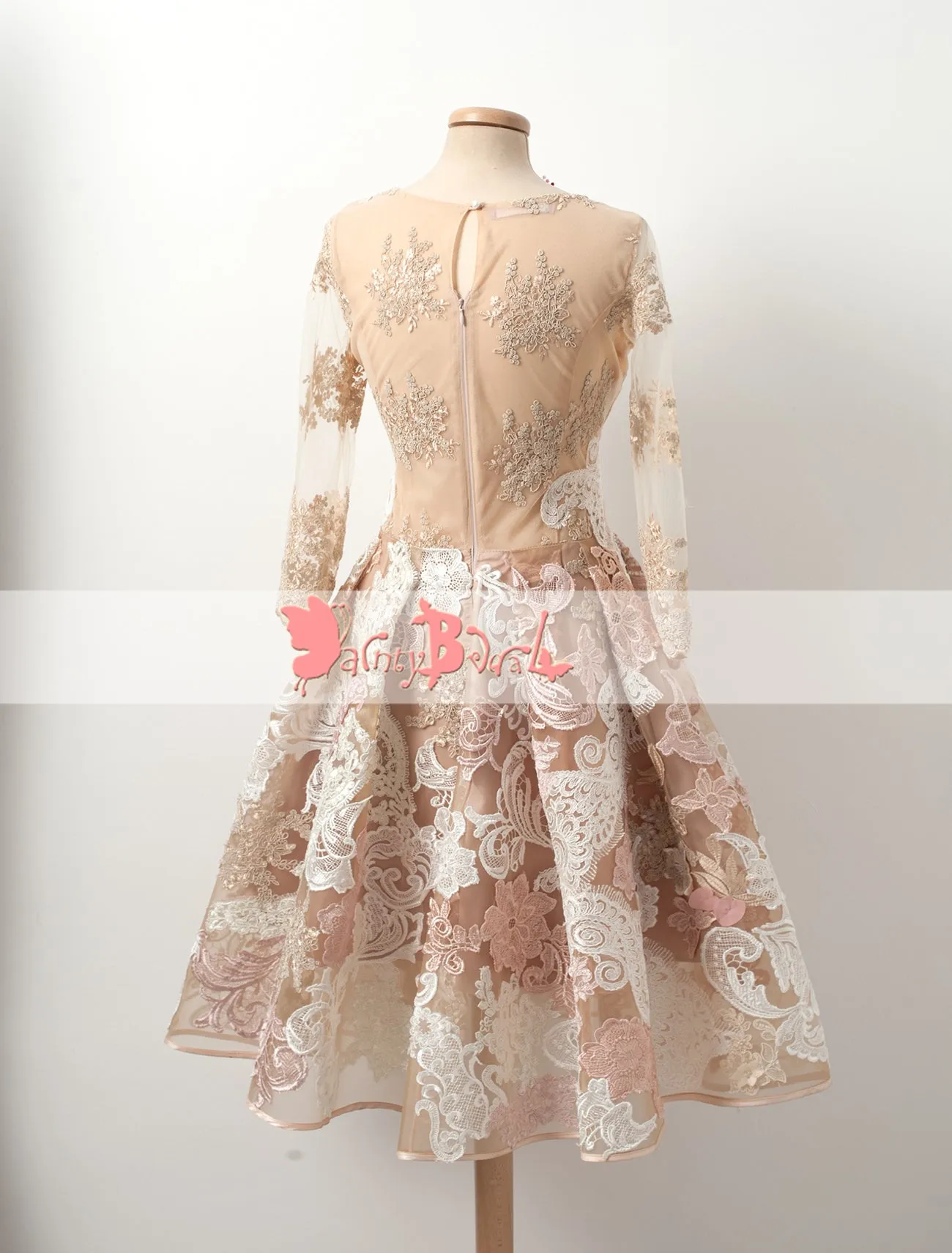 Gorgeous Lace Appliques Blush Pink Homecoming Dresses With Long Sleeves,BD0148