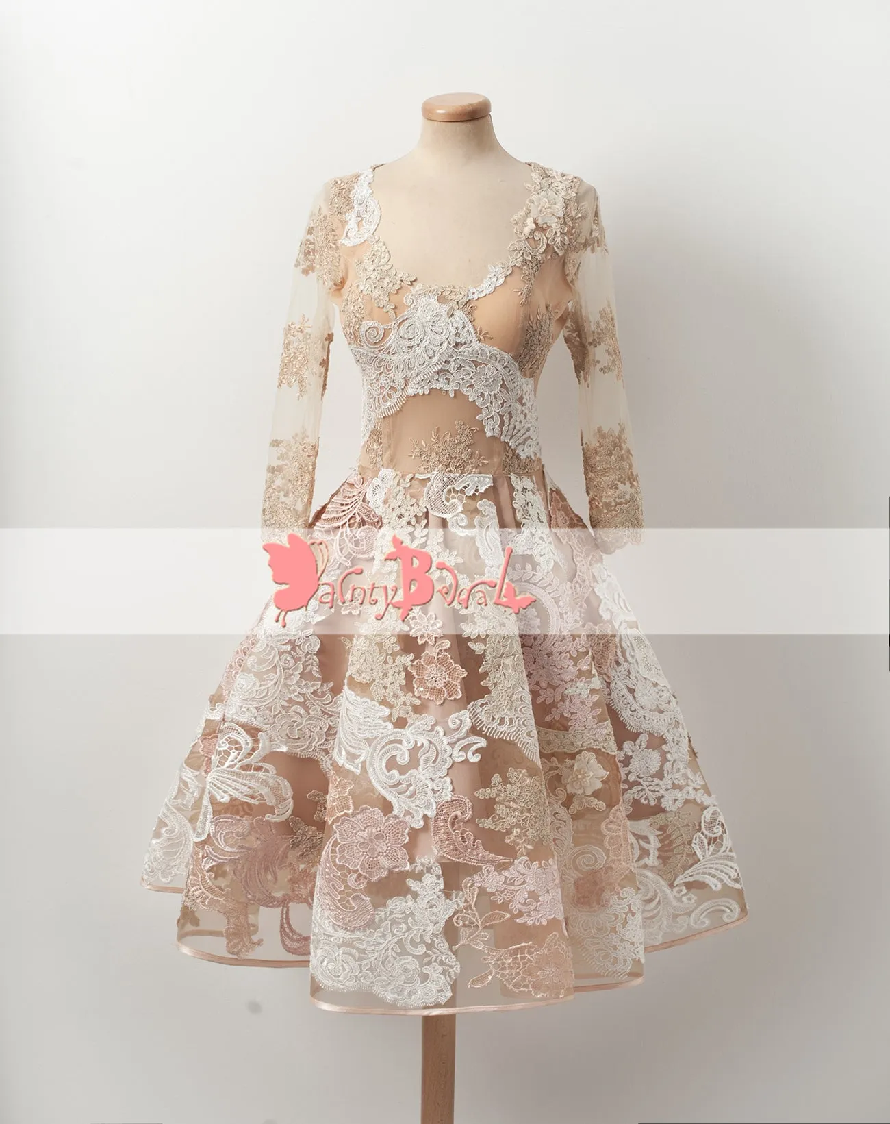 Gorgeous Lace Appliques Blush Pink Homecoming Dresses With Long Sleeves,BD0148