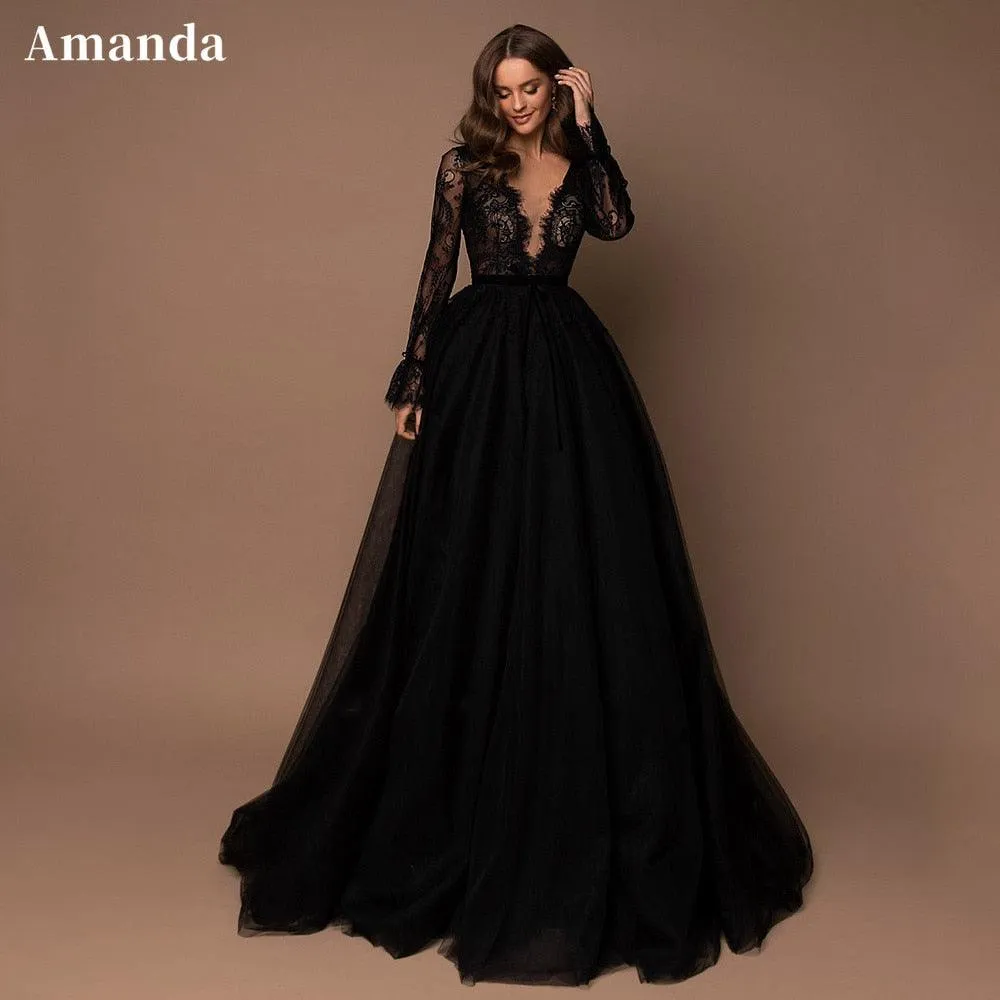 Gothic Black Long Sleeve Prom Dress