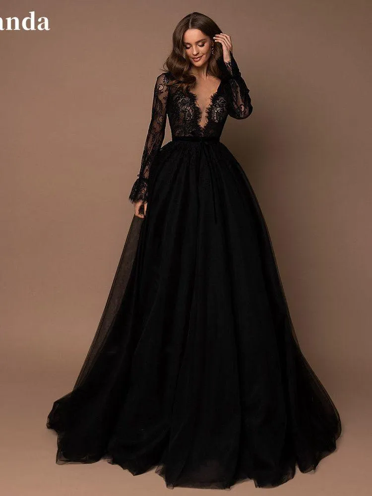 Gothic Black Long Sleeve Prom Dress