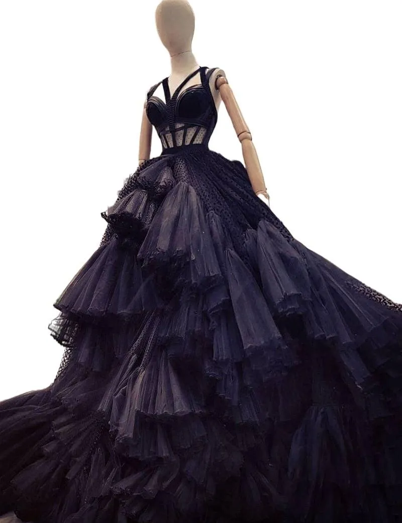 Gothic Prom Corset Tiered Ruffles Puffy Tulle lace-up Evening Dress