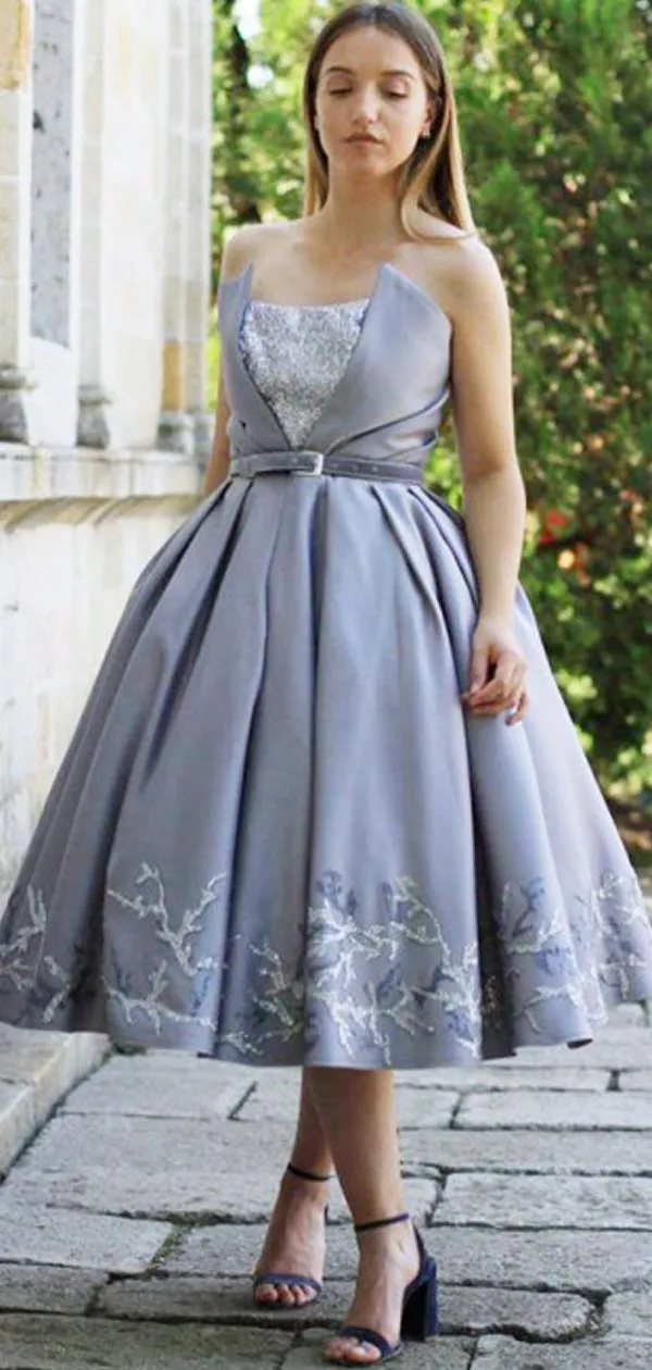 Grey Satin Appliques Strapless Ball Gown Knee Length Homecoming Dresses,BD0190