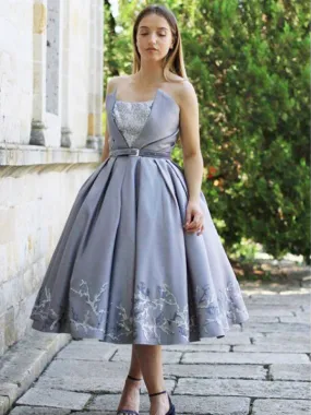 Grey Satin Appliques Strapless Ball Gown Knee Length Homecoming Dresses,BD0190