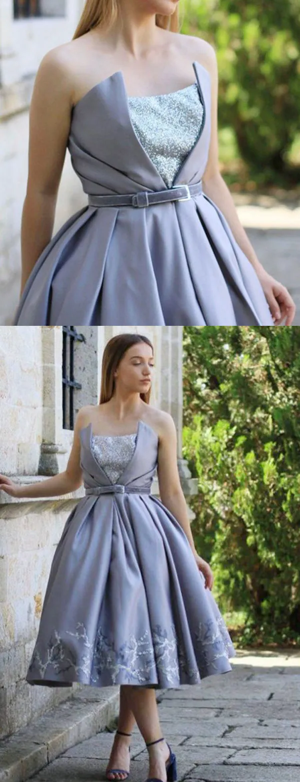 Grey Satin Appliques Strapless Ball Gown Knee Length Homecoming Dresses,BD0190