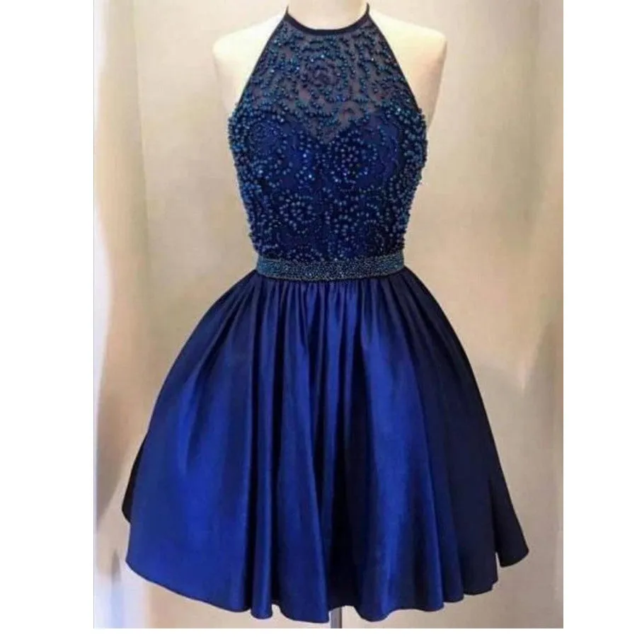 Halter backless Royal Blue Beaded homecoming dresses, CM0026