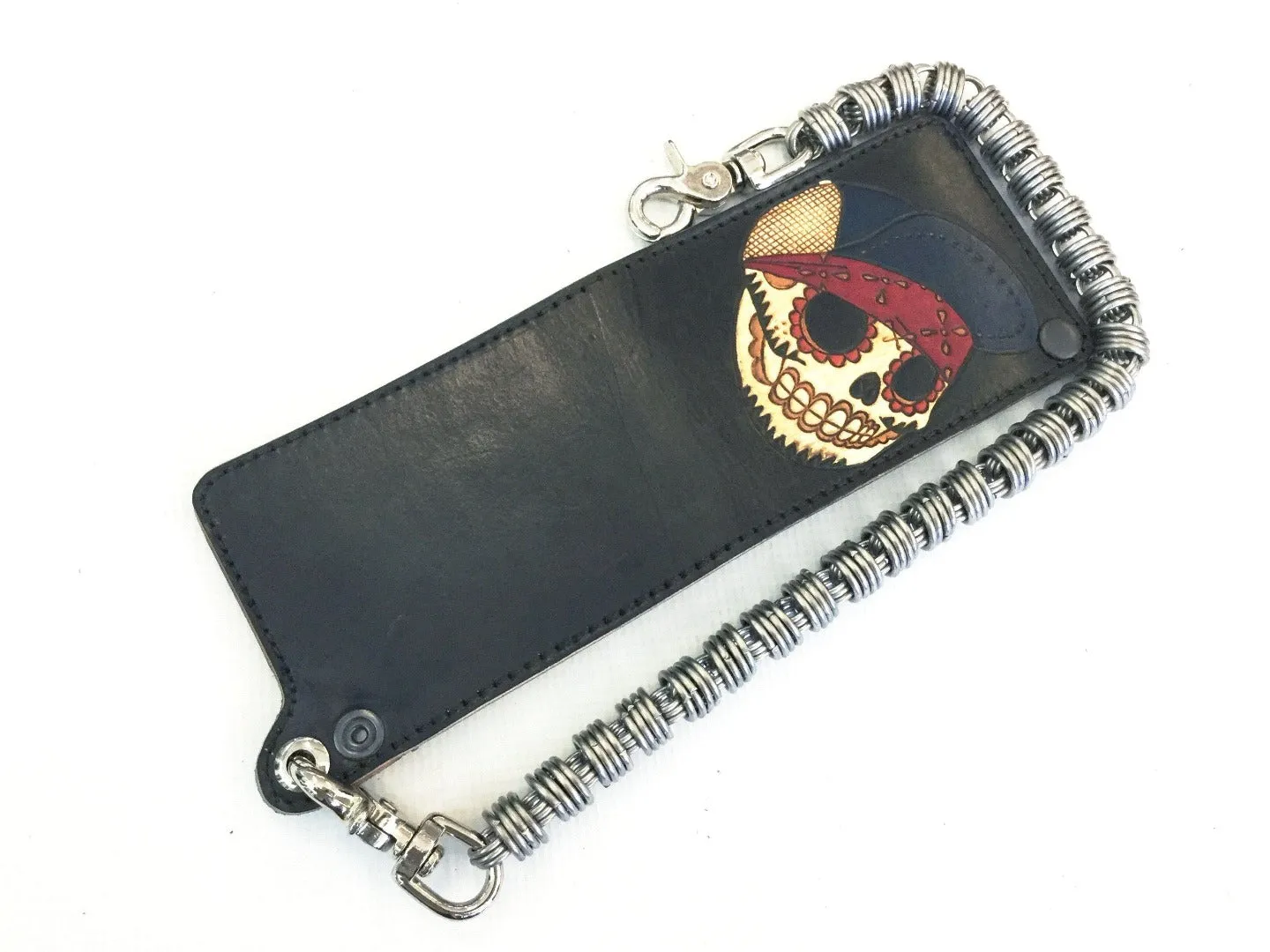 Hand Stained Bifold Leather Chain Wallet - Flatbiller Skull