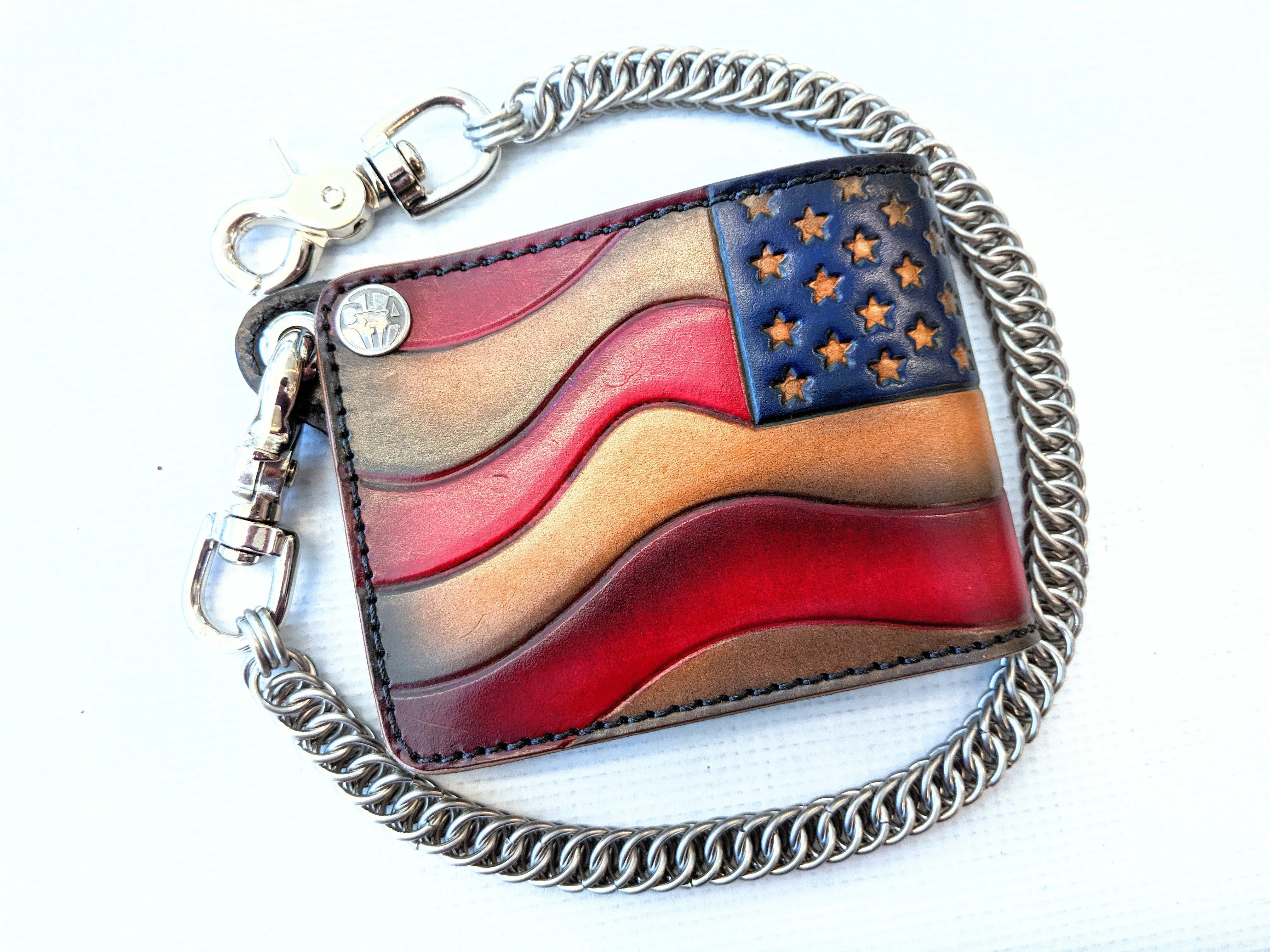 Hand Stained Bifold Leather Chain Wallet - Old Glory