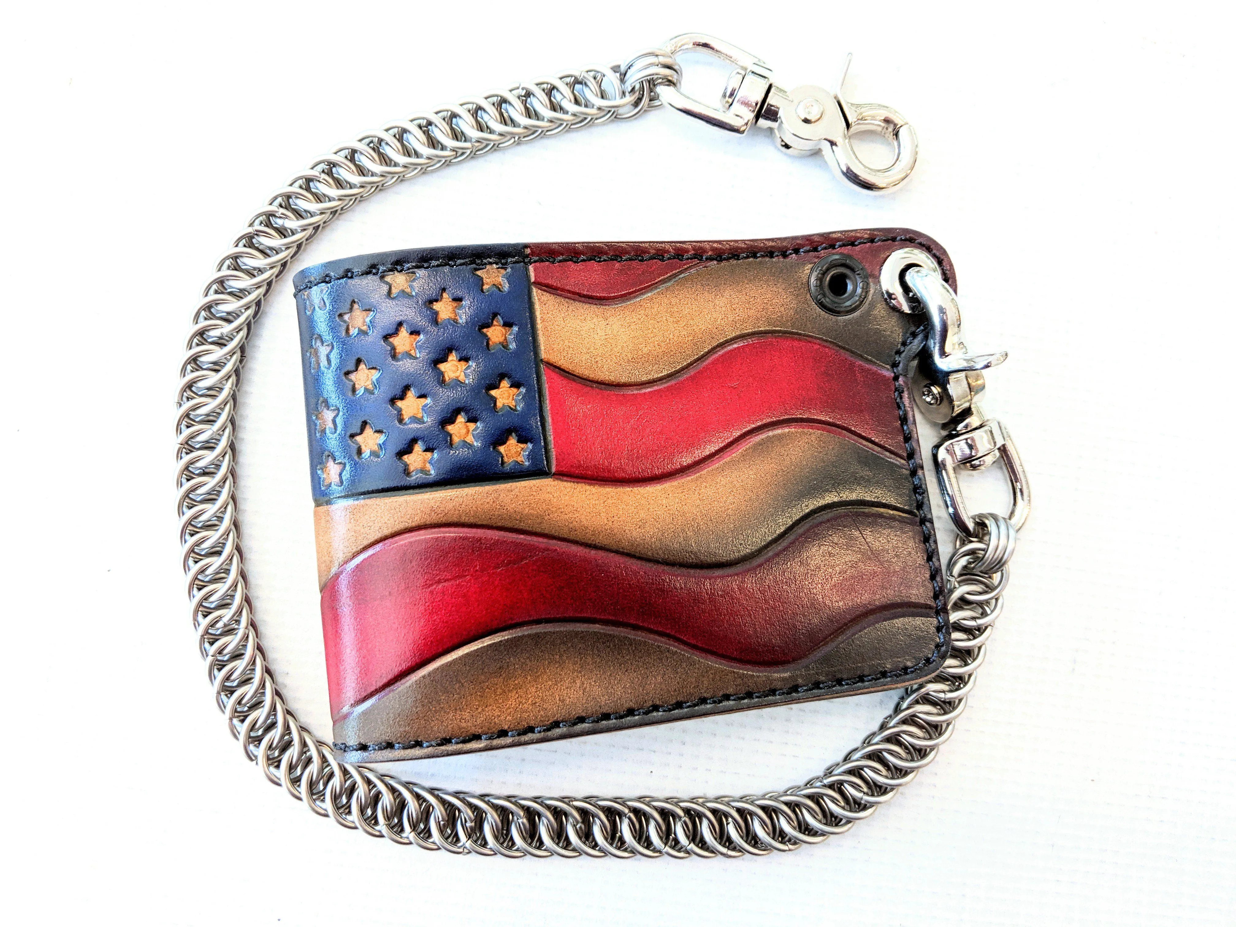 Hand Stained Bifold Leather Chain Wallet - Old Glory