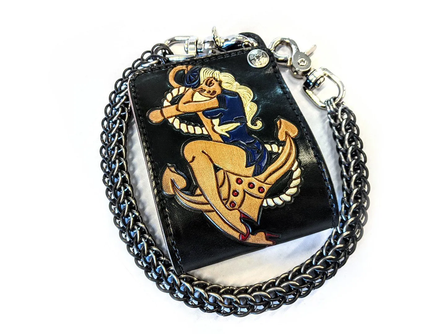 Hand Stained Bifold Leather Chain Wallet - Pin Up Sailor