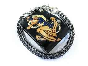 Hand Stained Bifold Leather Chain Wallet - Pin Up Sailor