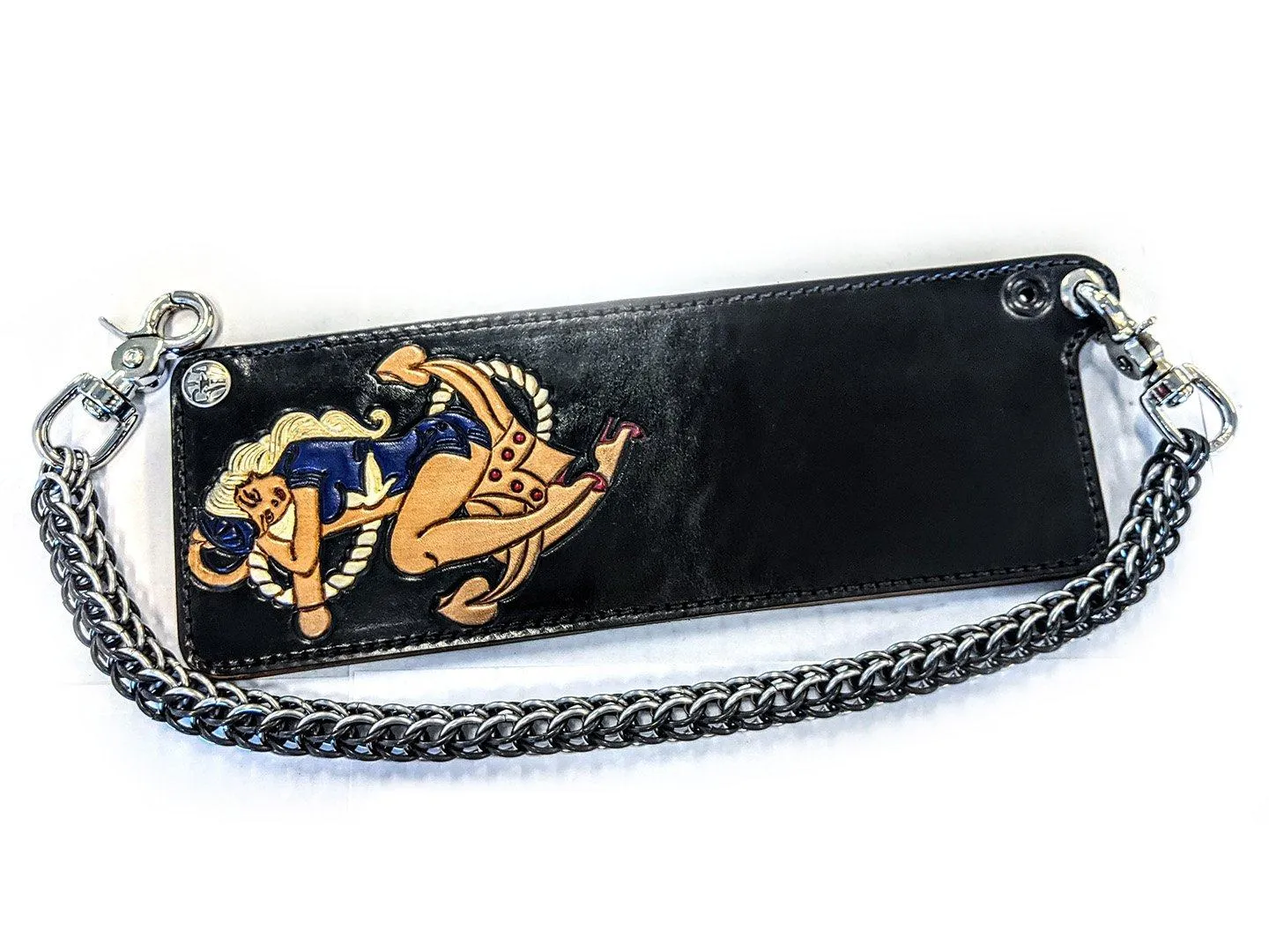 Hand Stained Bifold Leather Chain Wallet - Pin Up Sailor