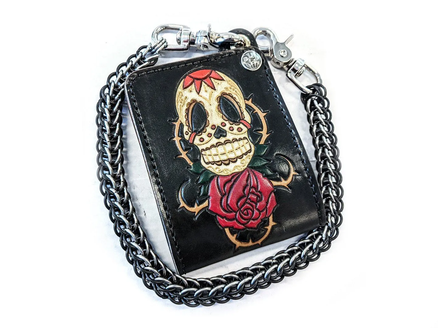 Hand Stained Bifold Leather Chain Wallet - Skull And Rose