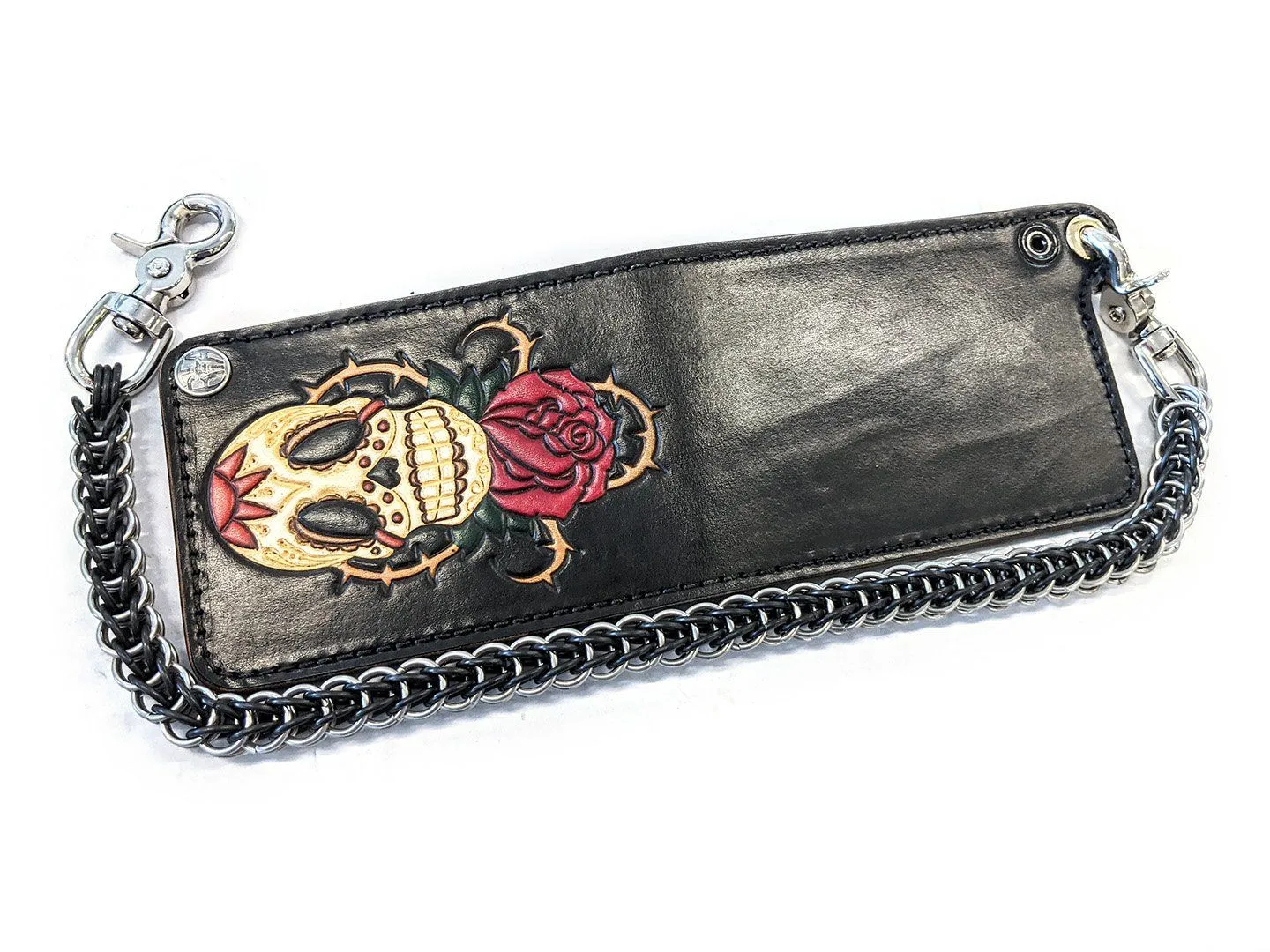 Hand Stained Bifold Leather Chain Wallet - Skull And Rose