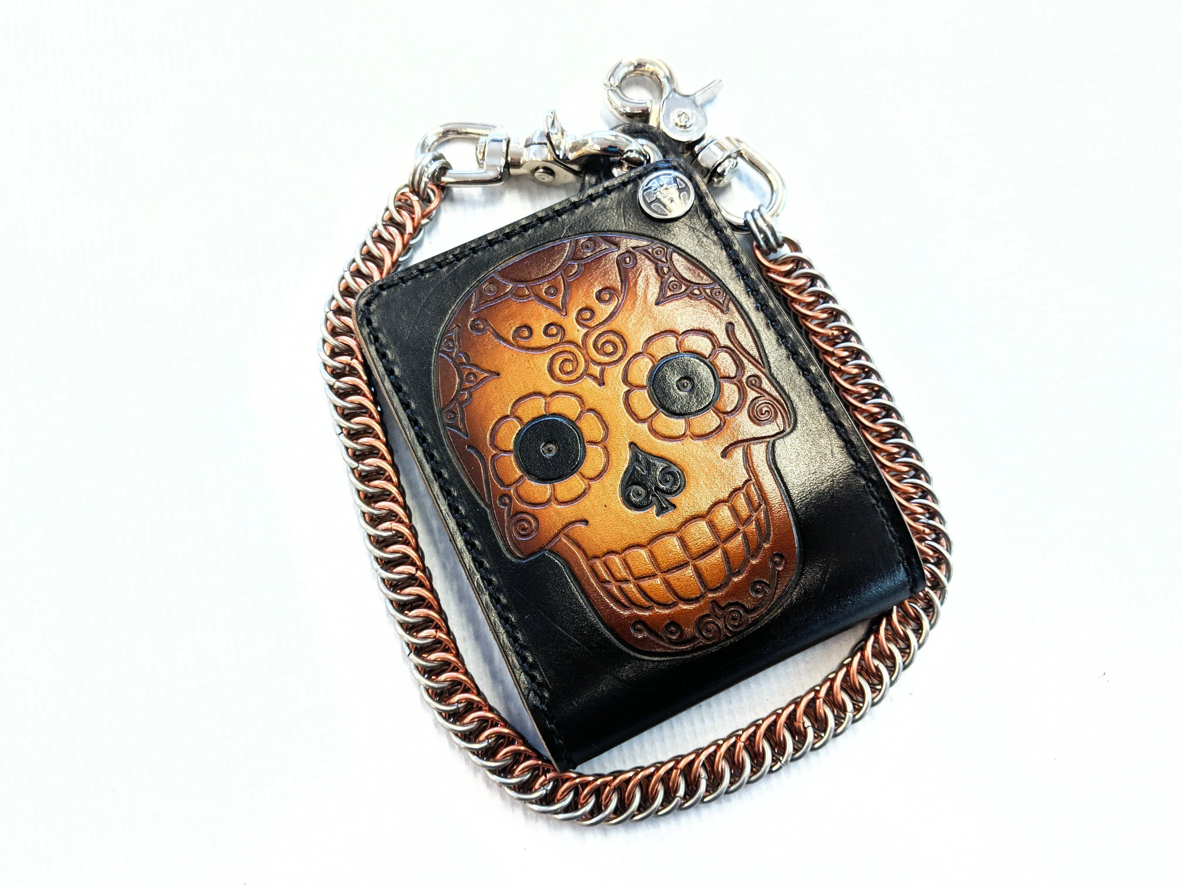 Hand Stained Bifold Leather Chain Wallet - Sunburst Sugar Skull