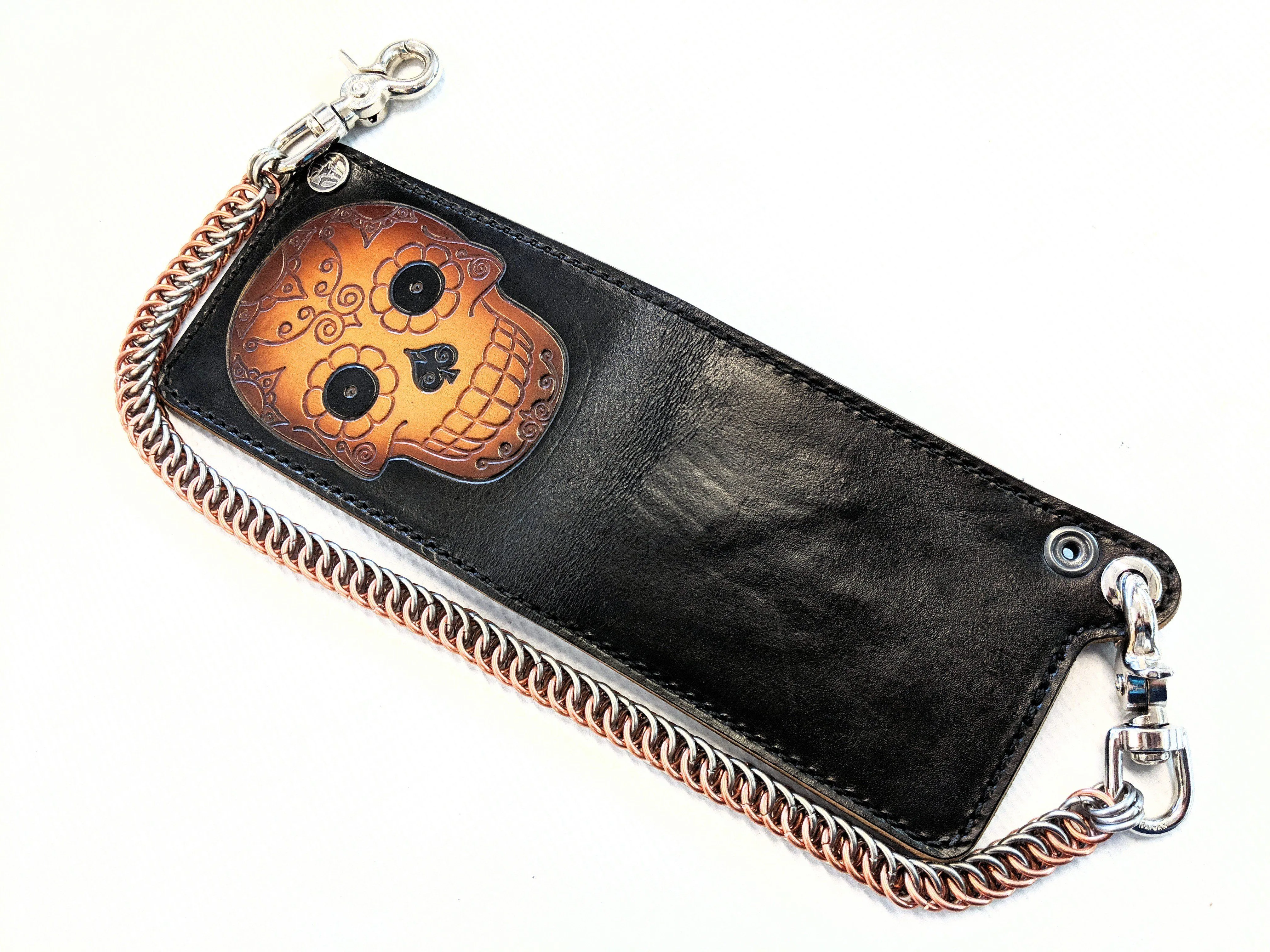 Hand Stained Bifold Leather Chain Wallet - Sunburst Sugar Skull