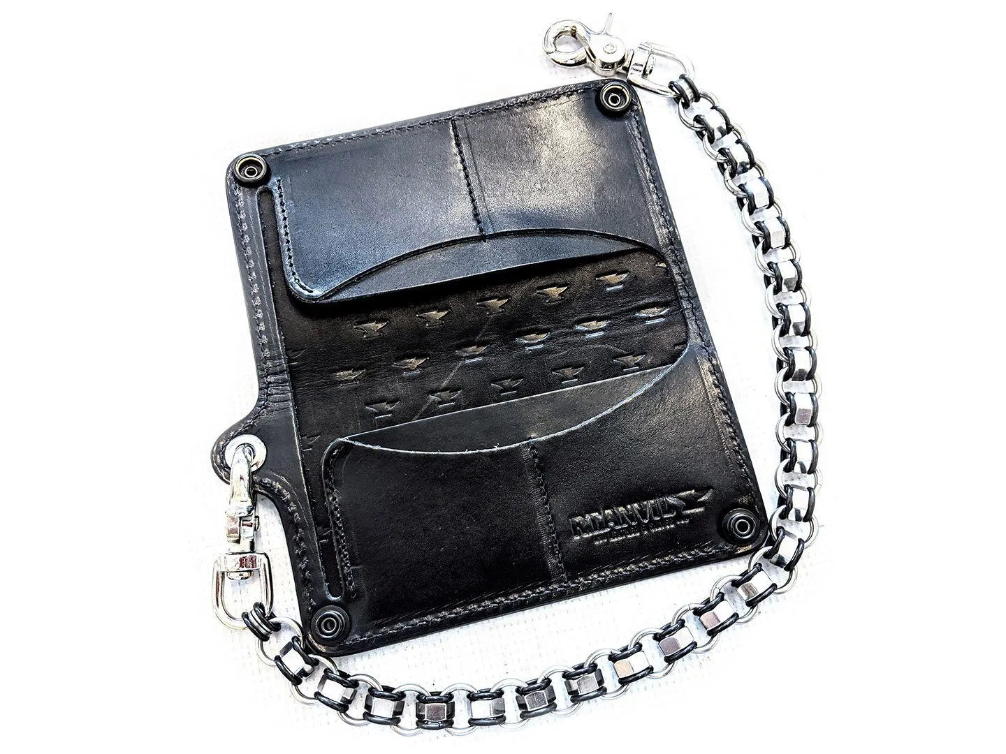 Hand Stained Long Biker Leather Chain Wallet - Cholo Skull