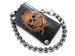 Hand Stained Long Biker Leather Chain Wallet - Cholo Skull