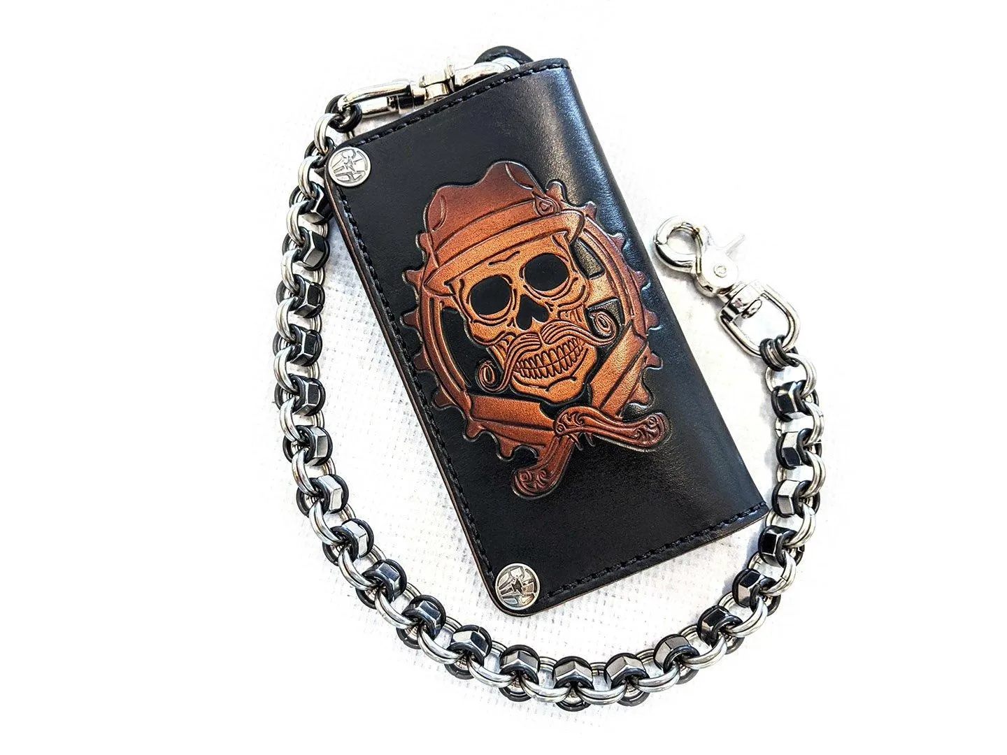 Hand Stained Long Biker Leather Chain Wallet - Cholo Skull