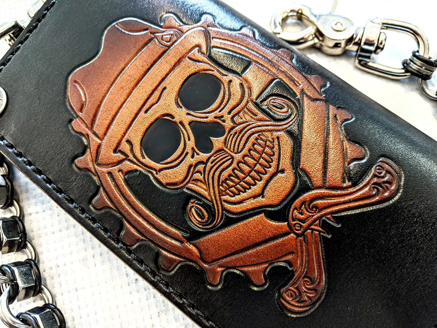 Hand Stained Long Biker Leather Chain Wallet - Cholo Skull