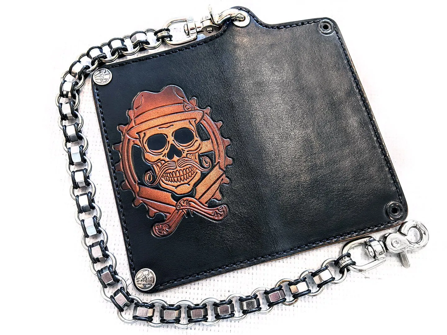 Hand Stained Long Biker Leather Chain Wallet - Cholo Skull