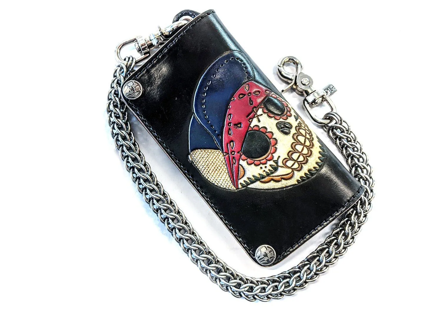 Hand Stained Long Biker Leather Chain Wallet - Flatbiller Skull