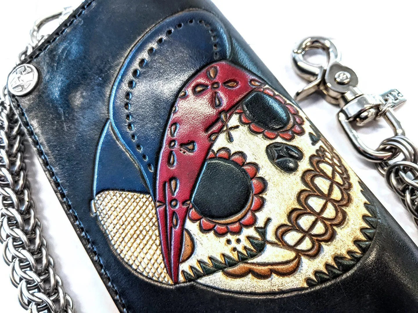 Hand Stained Long Biker Leather Chain Wallet - Flatbiller Skull