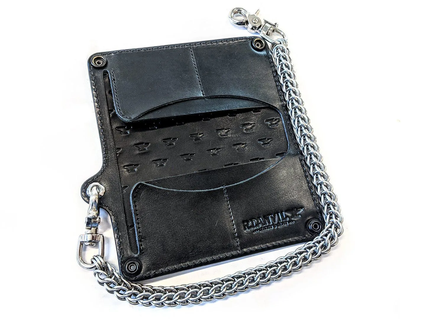 Hand Stained Long Biker Leather Chain Wallet - Flatbiller Skull