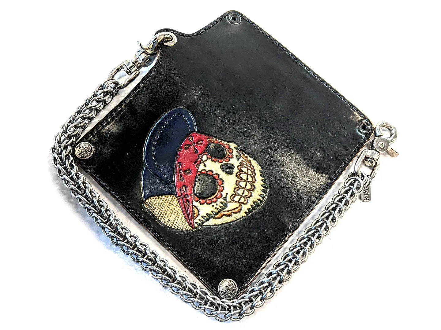 Hand Stained Long Biker Leather Chain Wallet - Flatbiller Skull