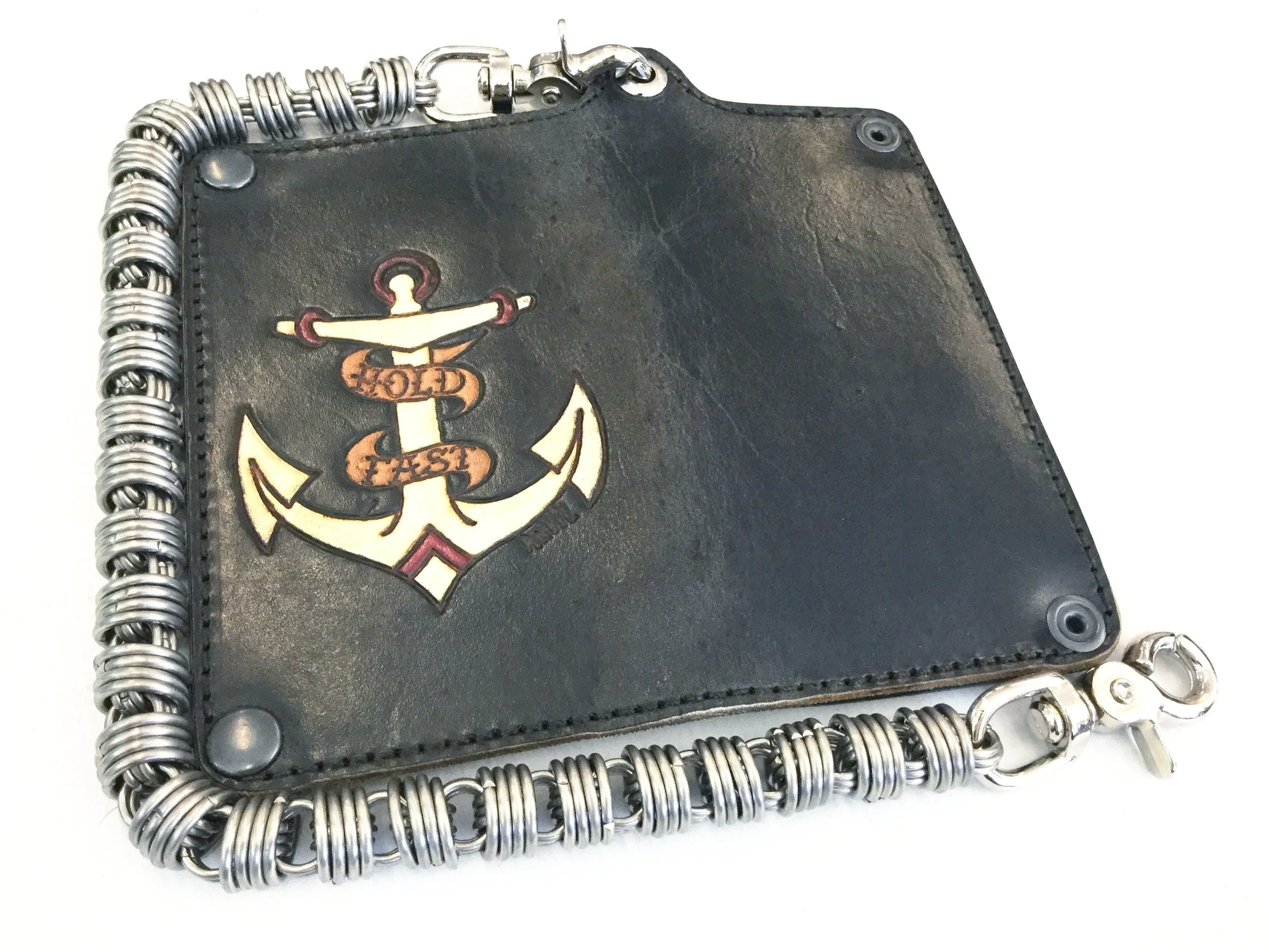 Hand Stained Long Biker Leather Chain Wallet - Hold Fast Anchor