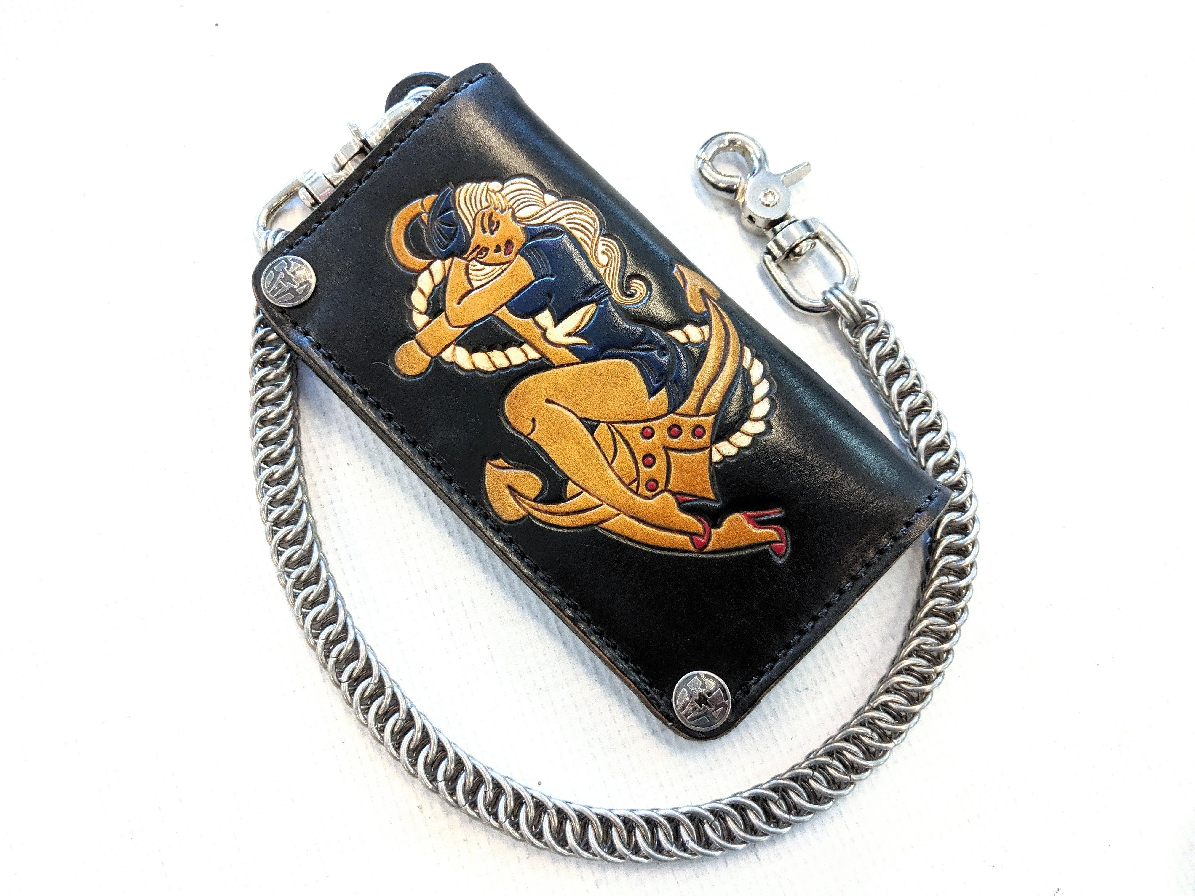 Hand Stained Long Biker Leather Chain Wallet - Pin Up Sailor