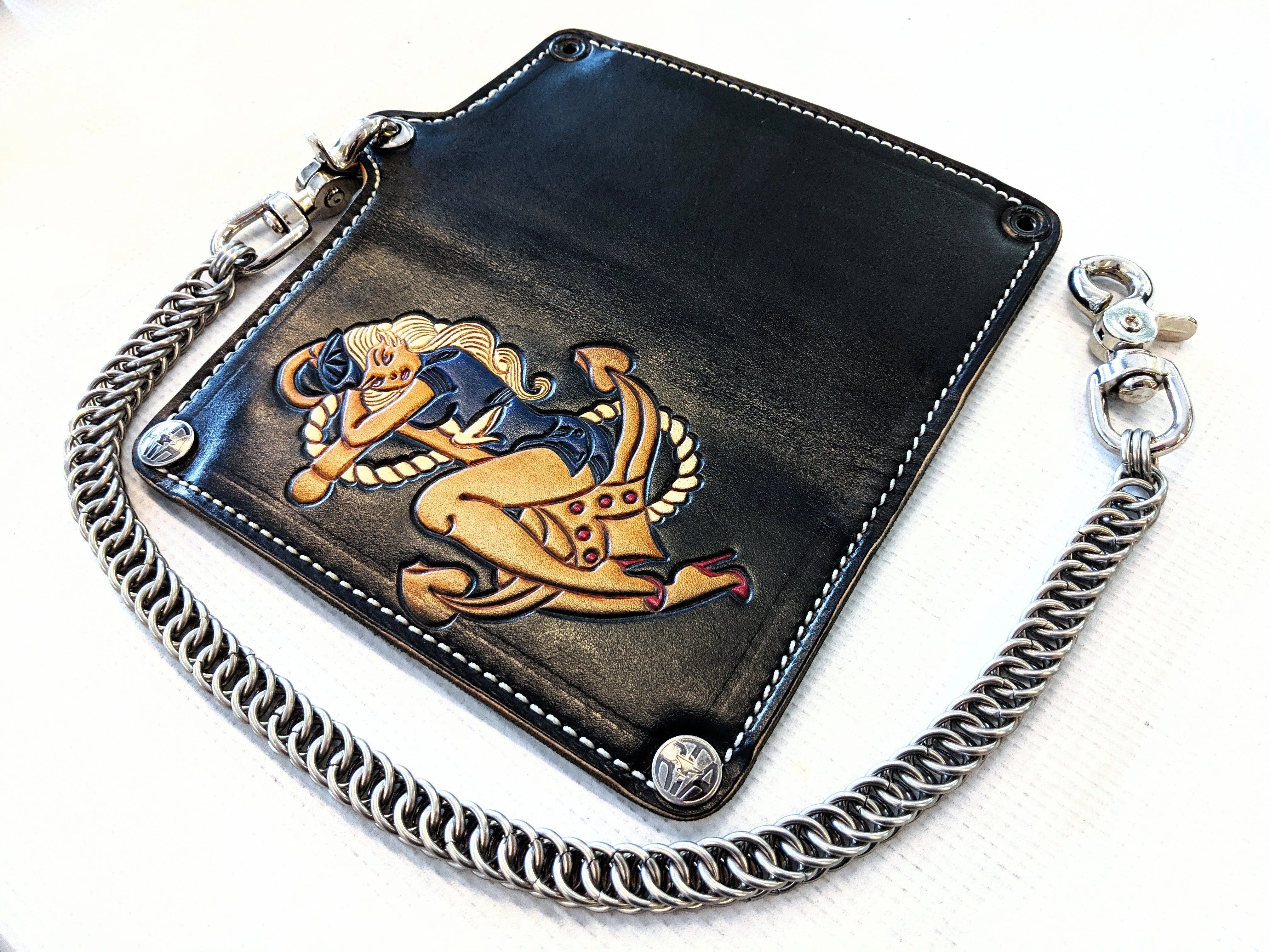 Hand Stained Long Biker Leather Chain Wallet - Pin Up Sailor