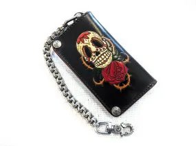 Hand Stained Long Biker Leather Chain Wallet - Skull and Rose