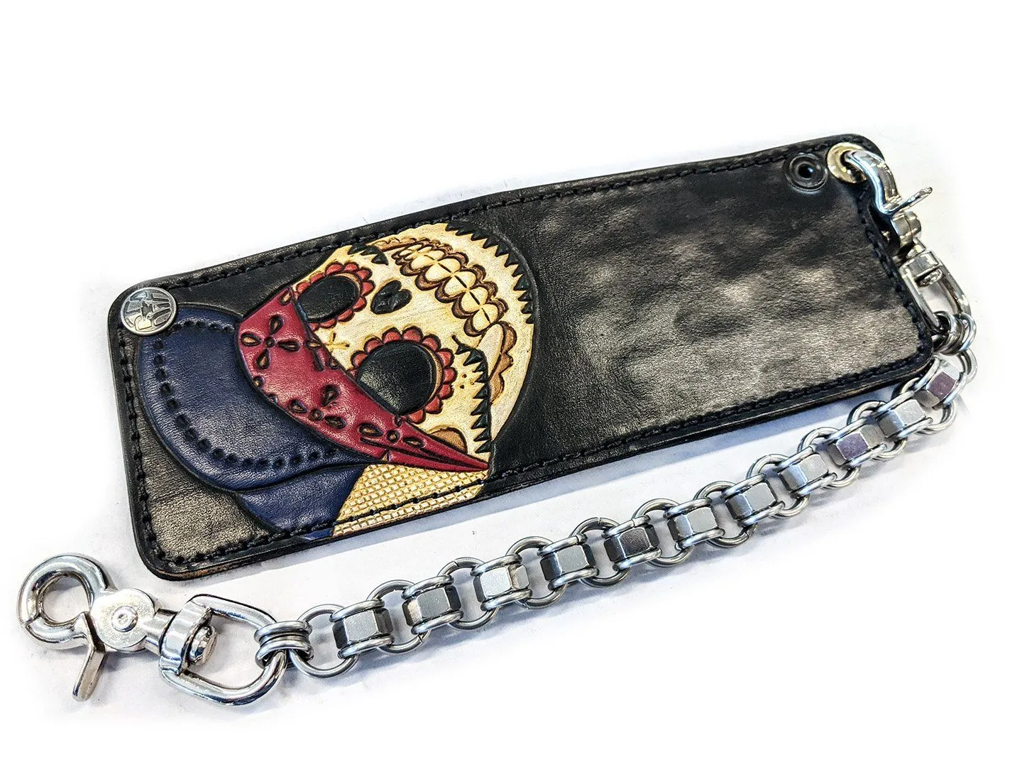 Hand Stained Mini Bifold Leather Chain Wallet - Flatbiller Skull