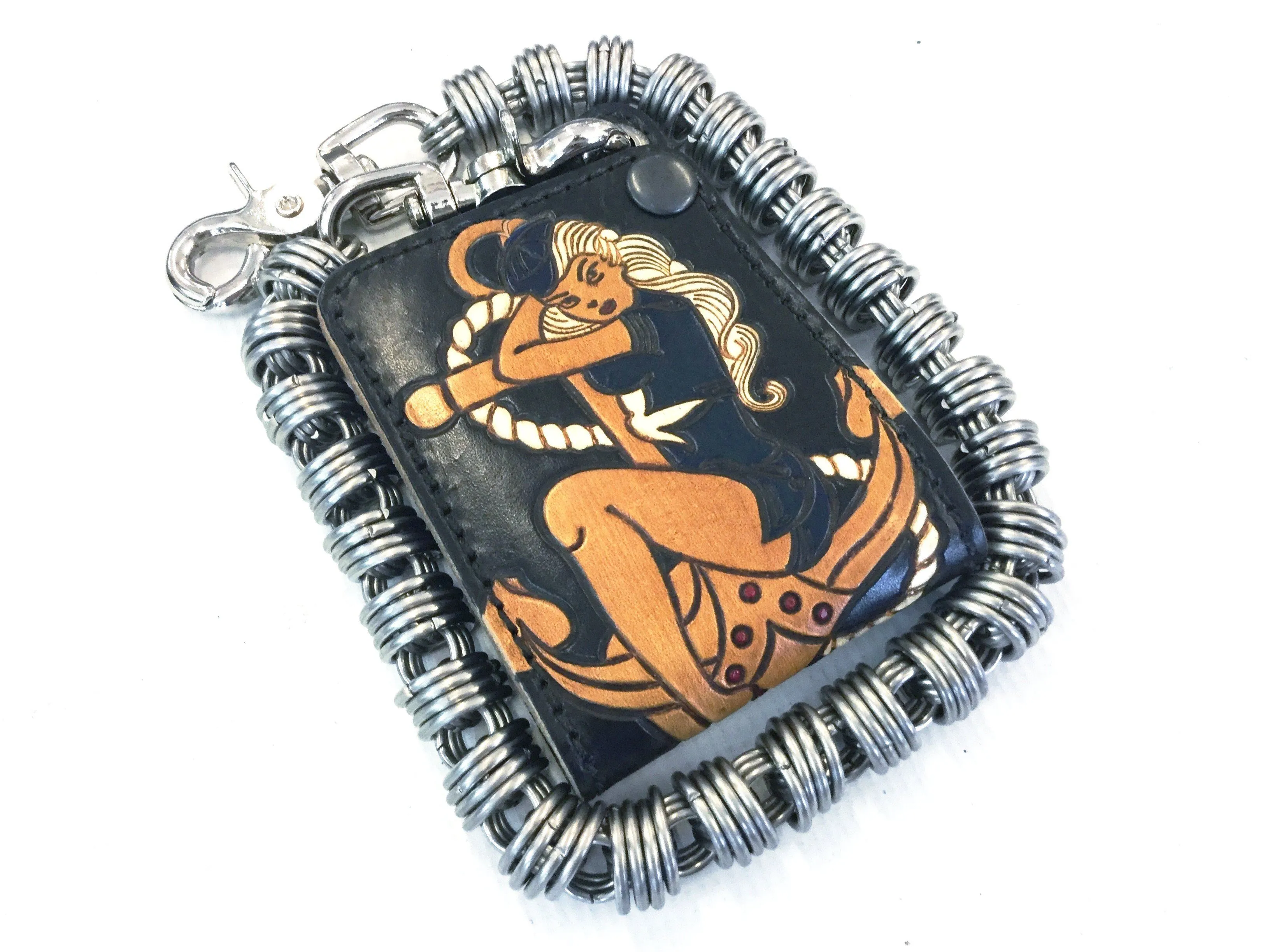 Hand Stained Mini Bifold Leather Chain Wallet - Pin Up Sailor