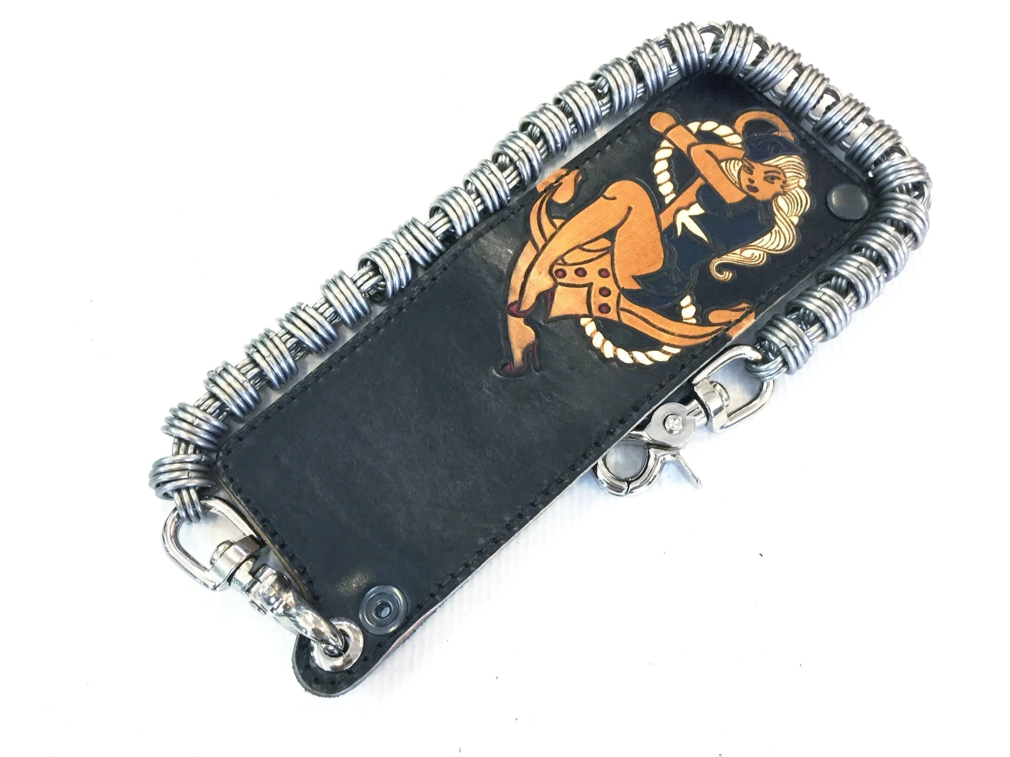 Hand Stained Mini Bifold Leather Chain Wallet - Pin Up Sailor