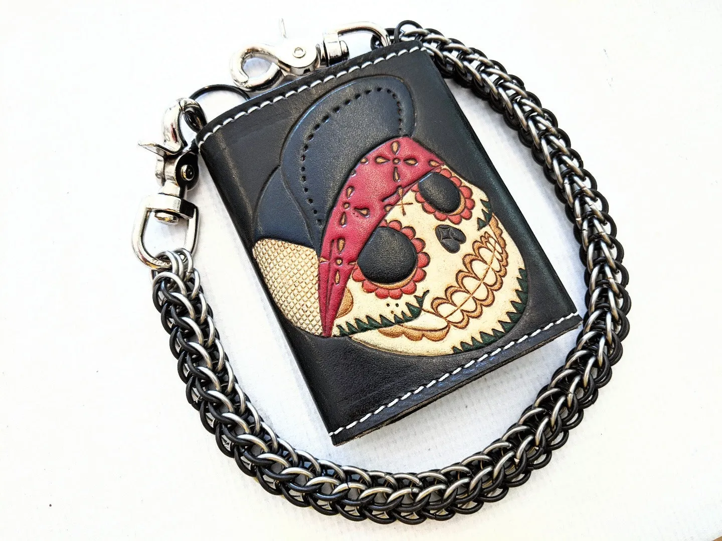 Hand Stained Trifold Leather Chain Wallet