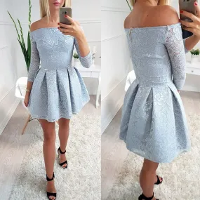 Light Blue Lace Off Shoulder Long Sleeve Simple Homecoming Dresses,BD0001