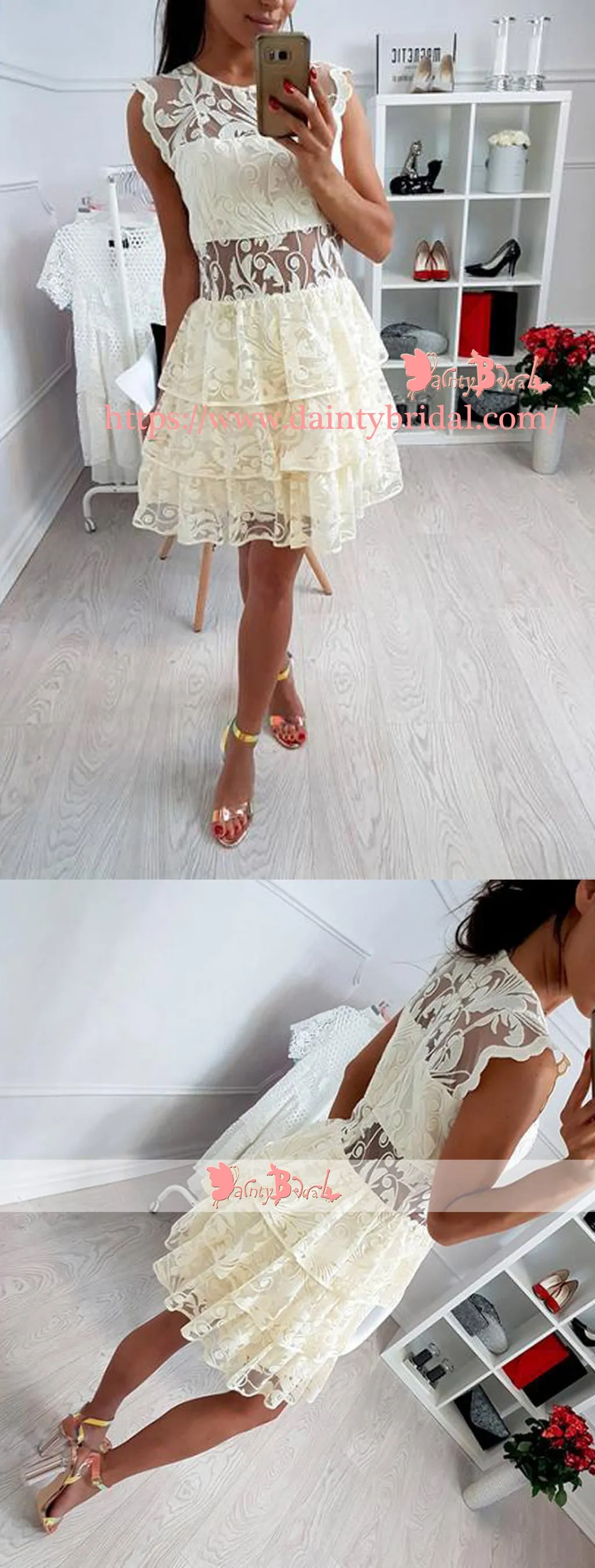 Light Yellow See Through Lace Tiered Bottom Cheap Homecoming Dresses,BD0155