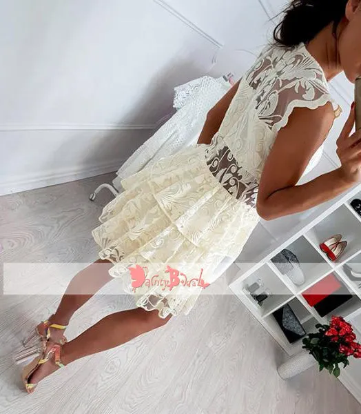 Light Yellow See Through Lace Tiered Bottom Cheap Homecoming Dresses,BD0155