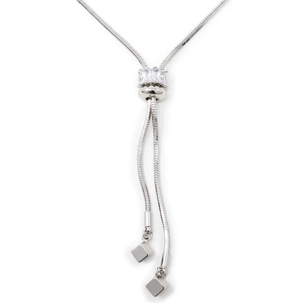 Liquid Metal CZ Lariat Necklace Rhodium Plated