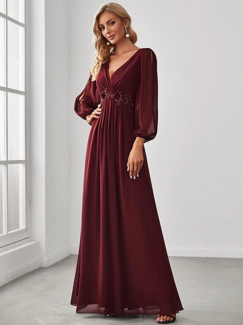 Long Lantern Sleeves V-neck A-LINE Chiffon Prom Dress