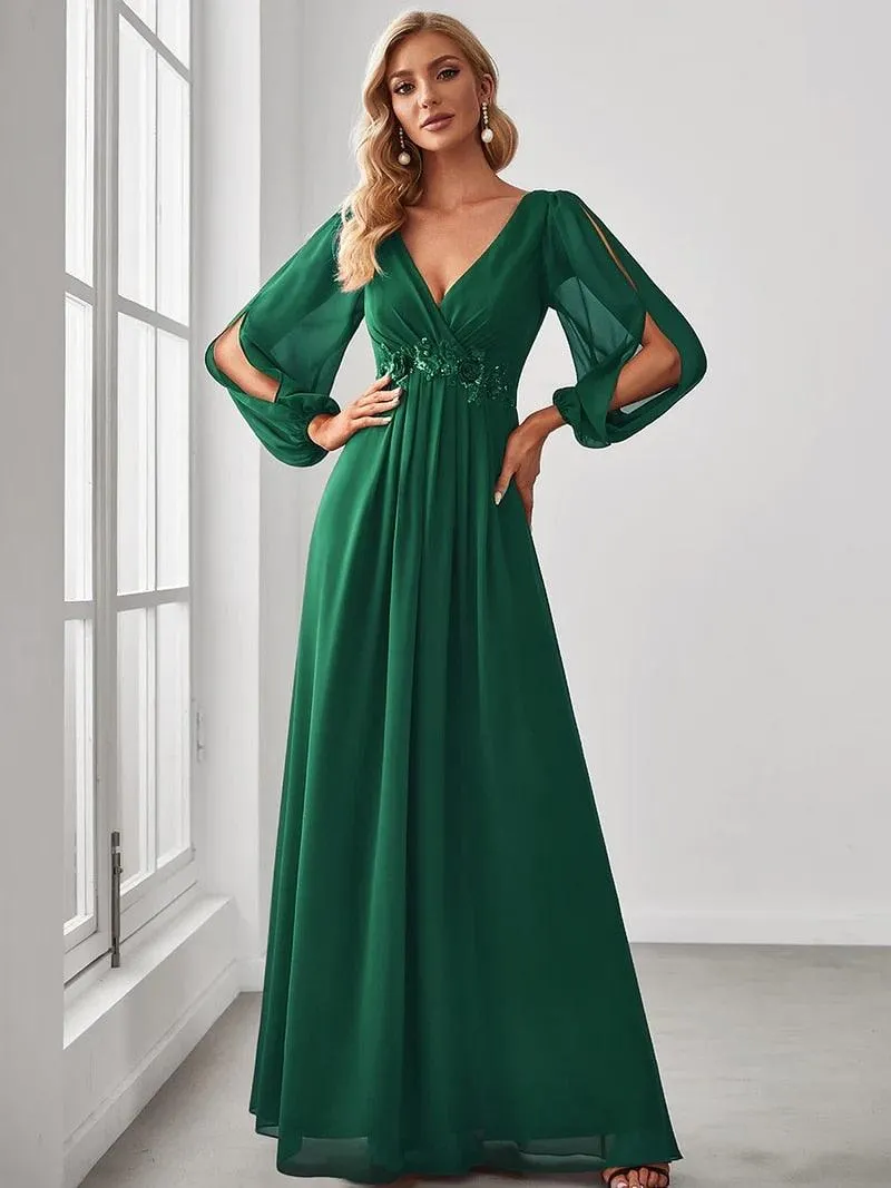 Long Lantern Sleeves V-neck A-LINE Chiffon Prom Dress